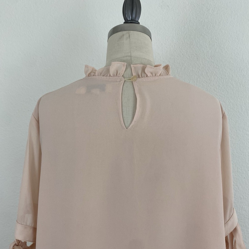 Vintage ARYEH Top Pink Ruffle Blouse Cut-Out Tie Sleeves High Neck Boho Romantic - Picture 7 of 13